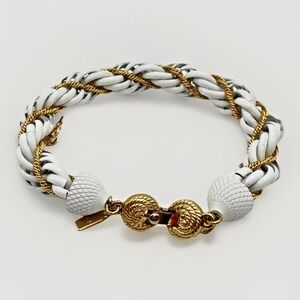 Vintage MONET Bracelet White & Gold Tone Twist Rope Chain 7"  Safety Chain